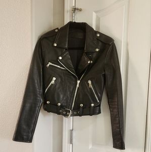 SPRWMN BLACK LEATHER EYELET LACE-UP MOTO JACKET